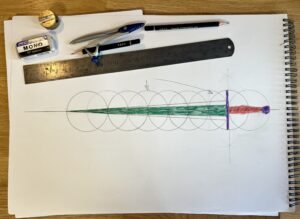 the sword coloured in, with a green blade, purple hilt furniture, and red handle.