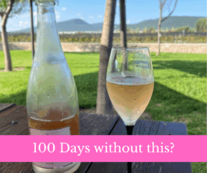 wine glass and bottle, scenery background, no alcohol 100 days